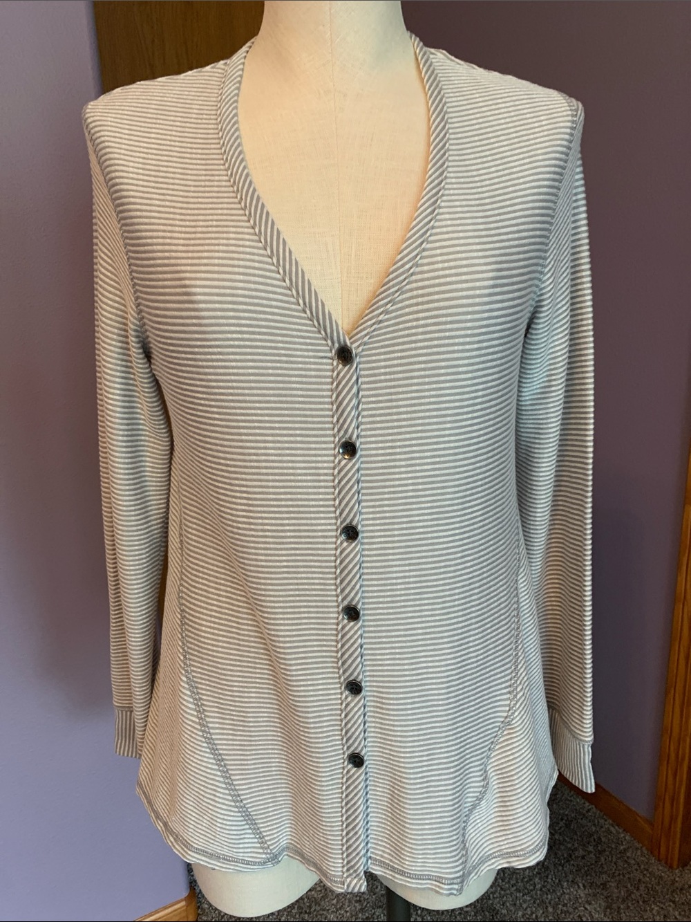 North River Striped Button-Front Long Sleeve Top - Gray/White